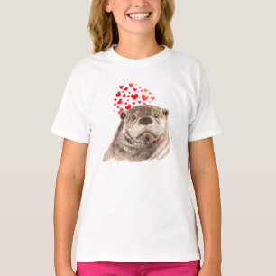 Cute Watercolor Otter Hearts Love Animal Humor T-Shirt