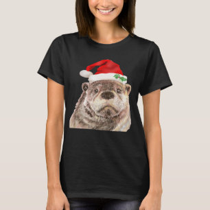 Cute Watercolor Otter in Christmas Santa Hat T-Shirt