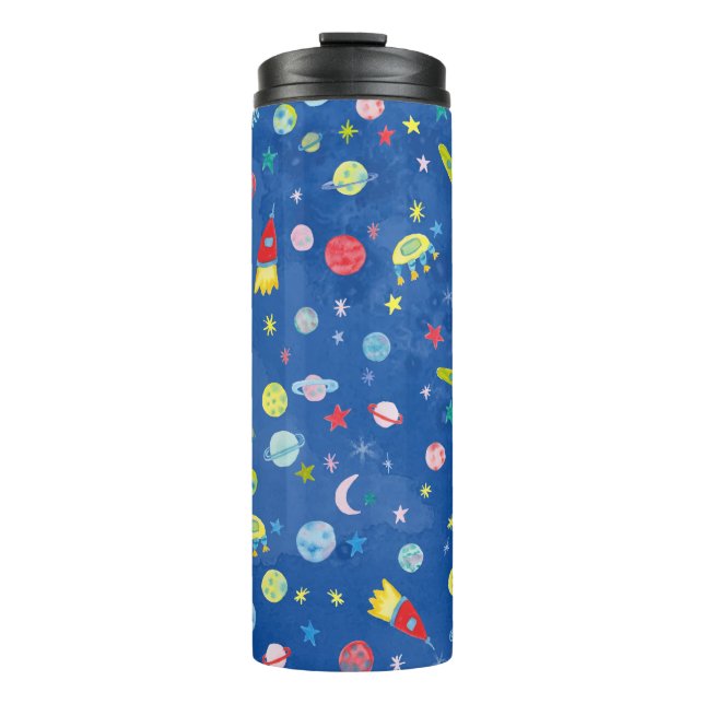 Cute Watercolor Outer Space Planets Rockets Moon Thermal Tumbler (Front)