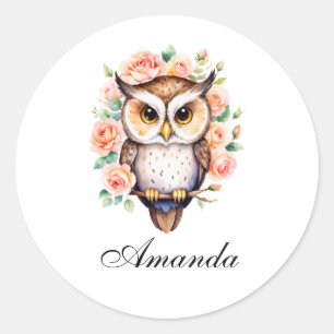 Cute Watercolor Owl and Leafy Roses Classic Round Sticker