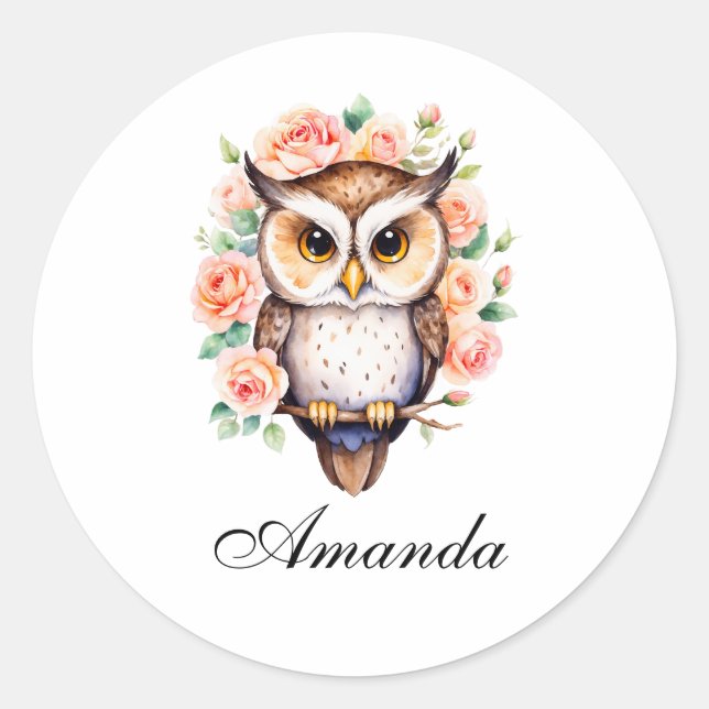 Cute Watercolor Owl and Leafy Roses Classic Round Sticker (Front)