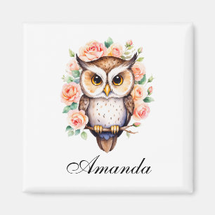Cute Watercolor Owl and Leafy Roses Magnet