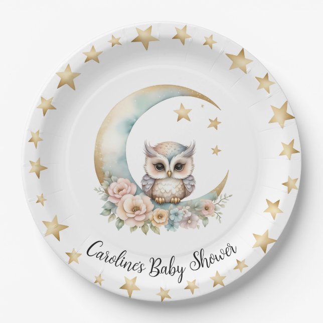Cute Watercolor Owl Baby Shower Paper Plate (Front)