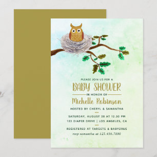 Cute Watercolor Owl Baby Shower Party Invitation