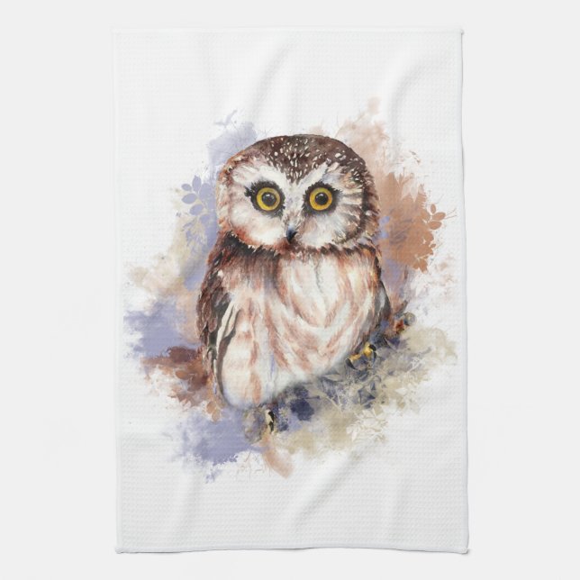 Cute Watercolor Owl Bird Nature art Tea Towel (Vertical)