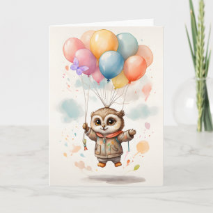 Cute Watercolor Owl Colourful Balloons Blank  Card