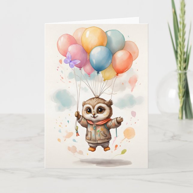 Cute Watercolor Owl Colourful Balloons Blank  Card (Front)