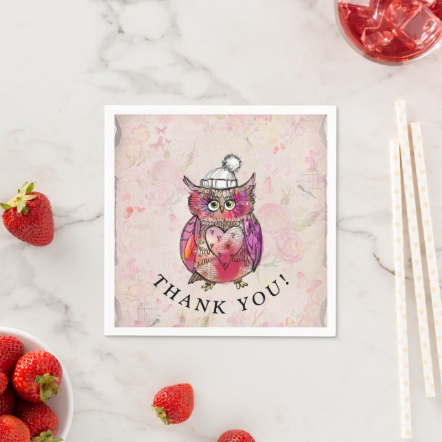 Cute Watercolor Owl Floral Pattern Birthday Party Napkin (Insitu)
