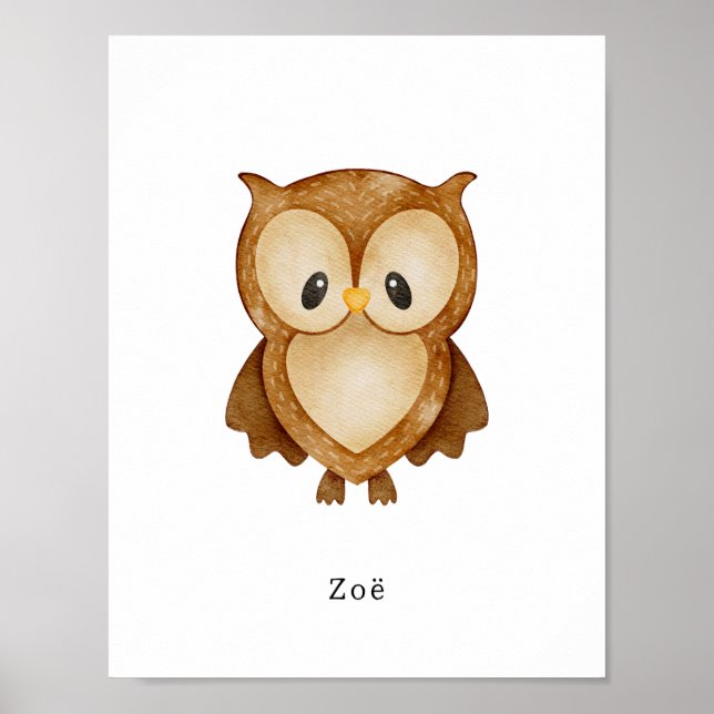 Cute Watercolor Owl Forest Animal Name Poster (Front)