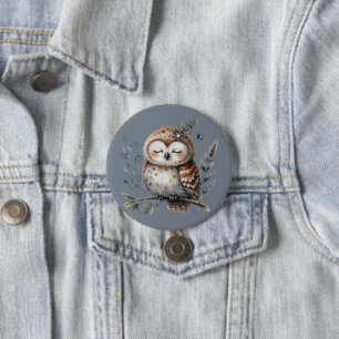 Cute Watercolor Owl with Floral Woodland Style 7.5 Cm Round Badge