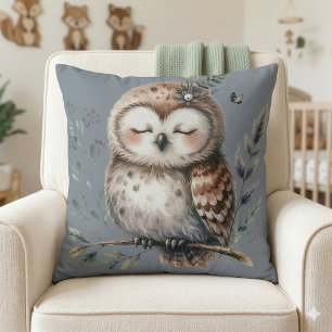 Cute Watercolor Owl with Floral Woodland Style Cushion