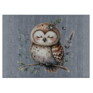 Cute Watercolor Owl with Floral Woodland Style Cutting Board