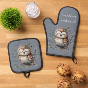 Cute Watercolor Owl with Floral Woodland Style Oven Mitt & Pot Holder Set