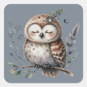 Cute Watercolor Owl with Floral Woodland Style Square Sticker