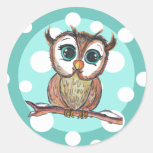 Cute Watercolor Owl with Polka Dots Teal Classic Round Sticker
