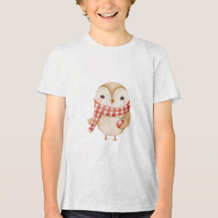 Cute Watercolor Owl with Red Scarf and Apple  Tri-Blend Shirt