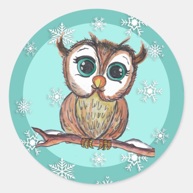 Cute Watercolor Owl with Snowflakes Teal Classic Round Sticker (Front)