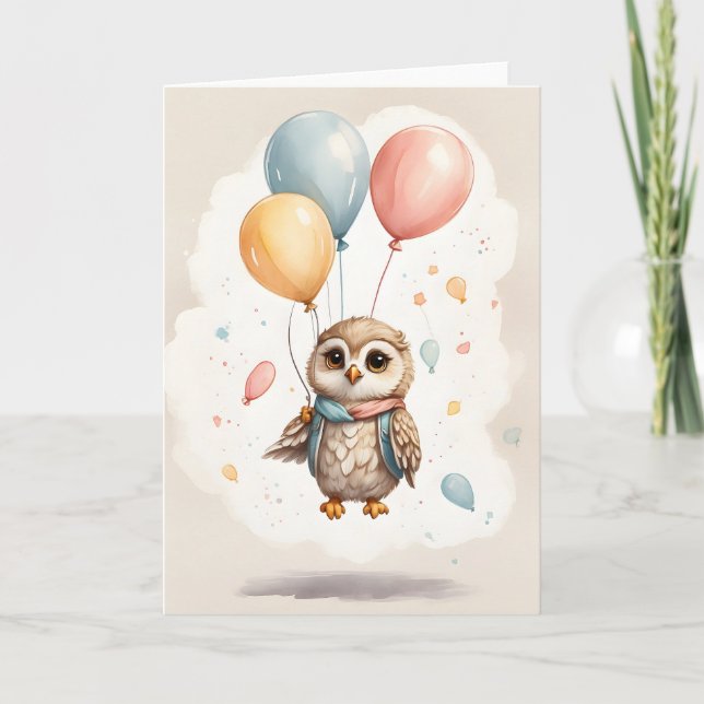 Cute Watercolor Owl Yellow Blue Red Balloons Blank Card (Front)