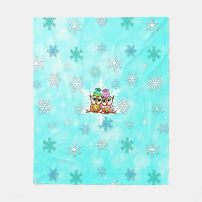 Cute Watercolor Owls and Snowflakes Teal Christmas Fleece Blanket (Front)