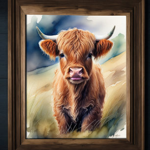 Cute Watercolor Painting of a Highland Cow 5:4 Poster