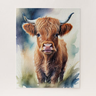 Cute Watercolor Painting of a Highland Cow Jigsaw Puzzle