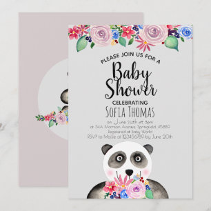 Cute Watercolor Panda Bear and Flowers Baby Shower Invitation