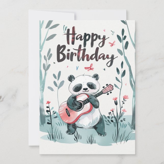 Cute watercolor Panda playing guitar Birthday Holiday Card (Front)
