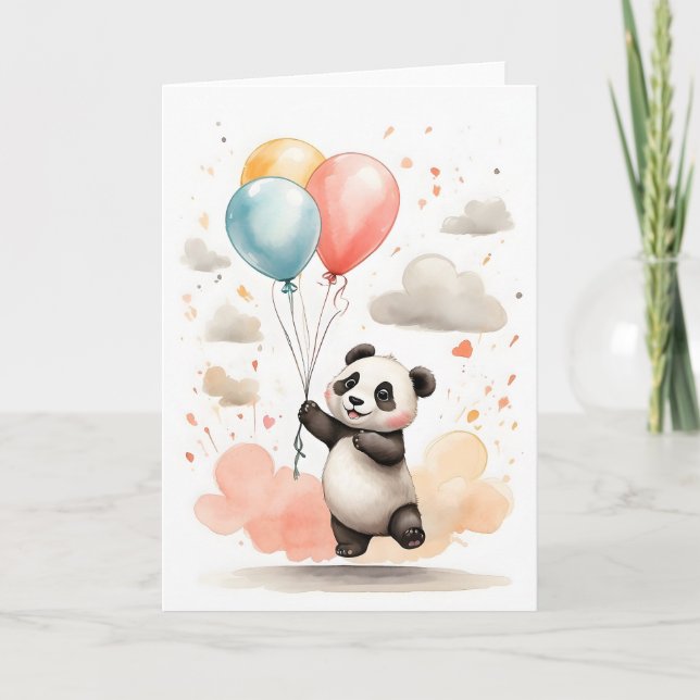 Cute Watercolor Panda Yellow Blue Balloons Blank Card (Front)