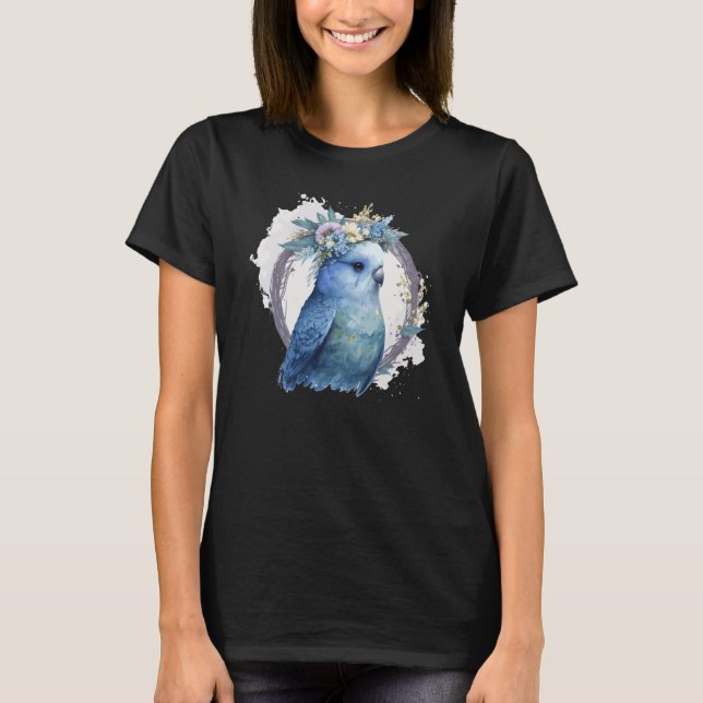 Cute Watercolor Parakeet Budgie Bird Flower Crown  T-Shirt (Front)