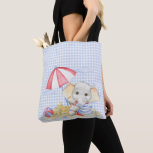 CUTE WATERCOLOR PASTEL ELEPHANT ON THE BEACH TOTE BAG