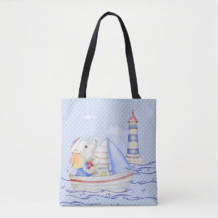 CUTE WATERCOLOR PASTEL ELEPHANT ON THE BEACH TOTE BAG