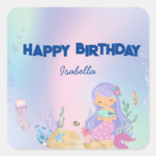 Cute Watercolor pastel mermaid Rainbow Birthday Square Sticker