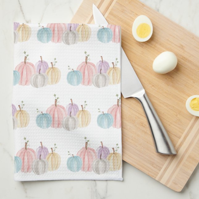 Cute Watercolor Pastel Pumpkin Pattern Thanksgivin Tea Towel (Quarter Fold)