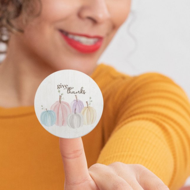 Cute Watercolor Pastel Pumpkins Give Thanks Classic Round Sticker (Creator Uploaded)