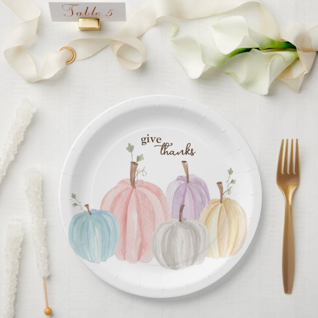 Cute Watercolor Pastel Pumpkins Give Thanks Paper Plate (Wedding)
