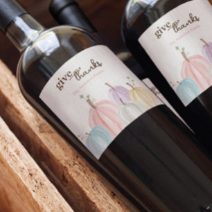 Cute Watercolor Pastel Pumpkins Give Thanks Wine Label