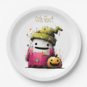 Cute Watercolor Patchwork Ghost Hallow Paper Plate