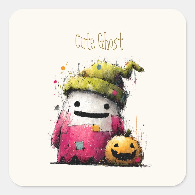 Cute Watercolor Patchwork Ghost Hallow Square Sticker (Front)