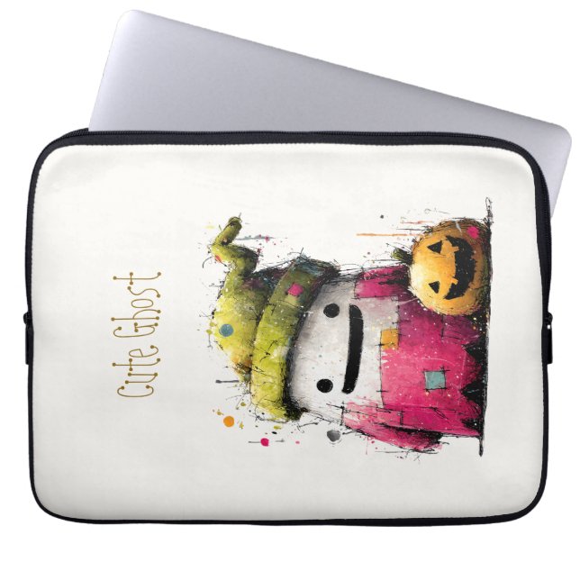 Cute Watercolor Patchwork Ghost Halloween Laptop Sleeve (Front)