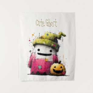 Cute Watercolor Patchwork Ghost Halloween Tapestry