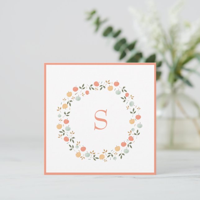 Cute Watercolor Peach Greenery Monogram Card (Standing Front)