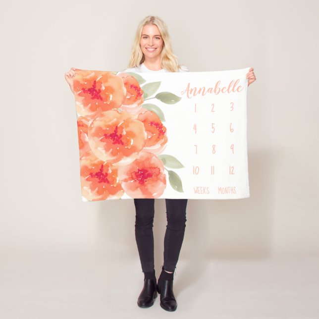 Cute Watercolor Peach Peonies Baby Milestone Fleece Blanket (In Situ)