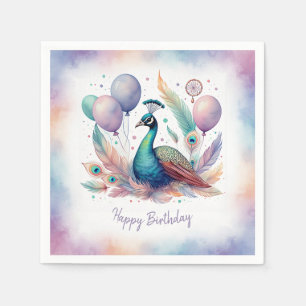 Cute Watercolor Peacock Balloons Birthday  Napkin