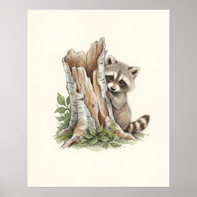 Cute Watercolor Peeking Raccoon Woodland Art Poster (Front)