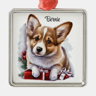 CUTE WATERCOLOR PEMBROKE WELSH CORGI PUPPY METAL TREE DECORATION