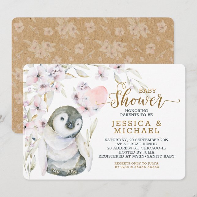 Cute Watercolor Penguin Gender Neutral Baby Shower Invitation (Front/Back)