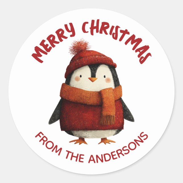 Cute Watercolor Penguin Merry Christmas from  Classic Round Sticker (Front)