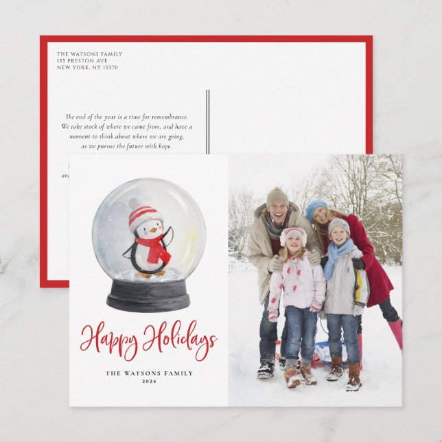 Cute Watercolor Penguin Snow Globe Photo Holiday Postcard (Front/Back)
