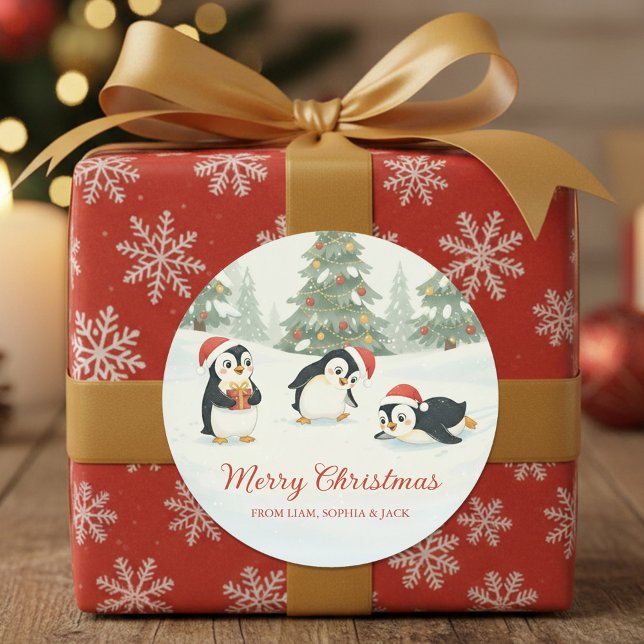 Cute Watercolor Penguins Christmas Forest Classic Round Sticker (Creator Uploaded)