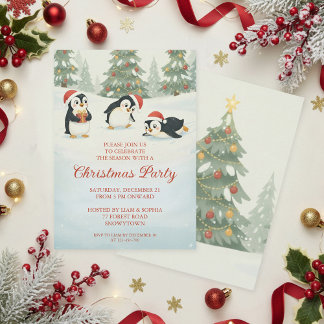 Cute Watercolor Penguins Christmas Forest Invitation